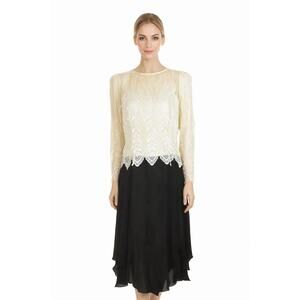1980s Cachet by Bari Protas Ivory Lace & Black Chiffon Dress medium